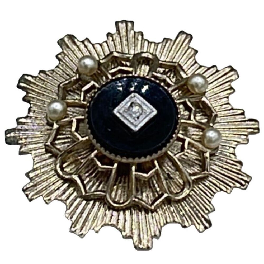 Vintage Coro layered brooch with black glass rhinestone and faux pearls